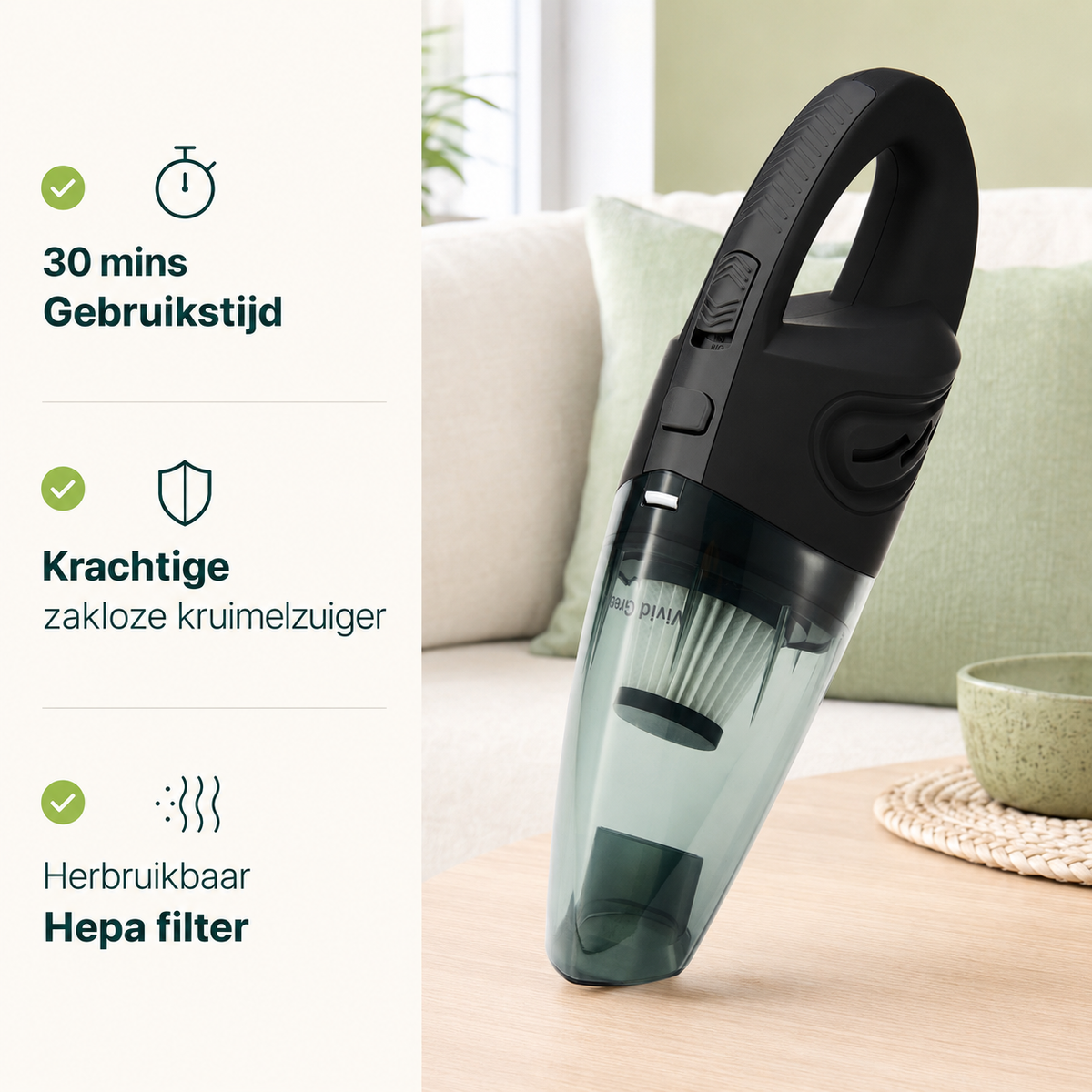 Vivid Green Kruimelzuiger Snoerloos 5 opzetstukken - Zwart