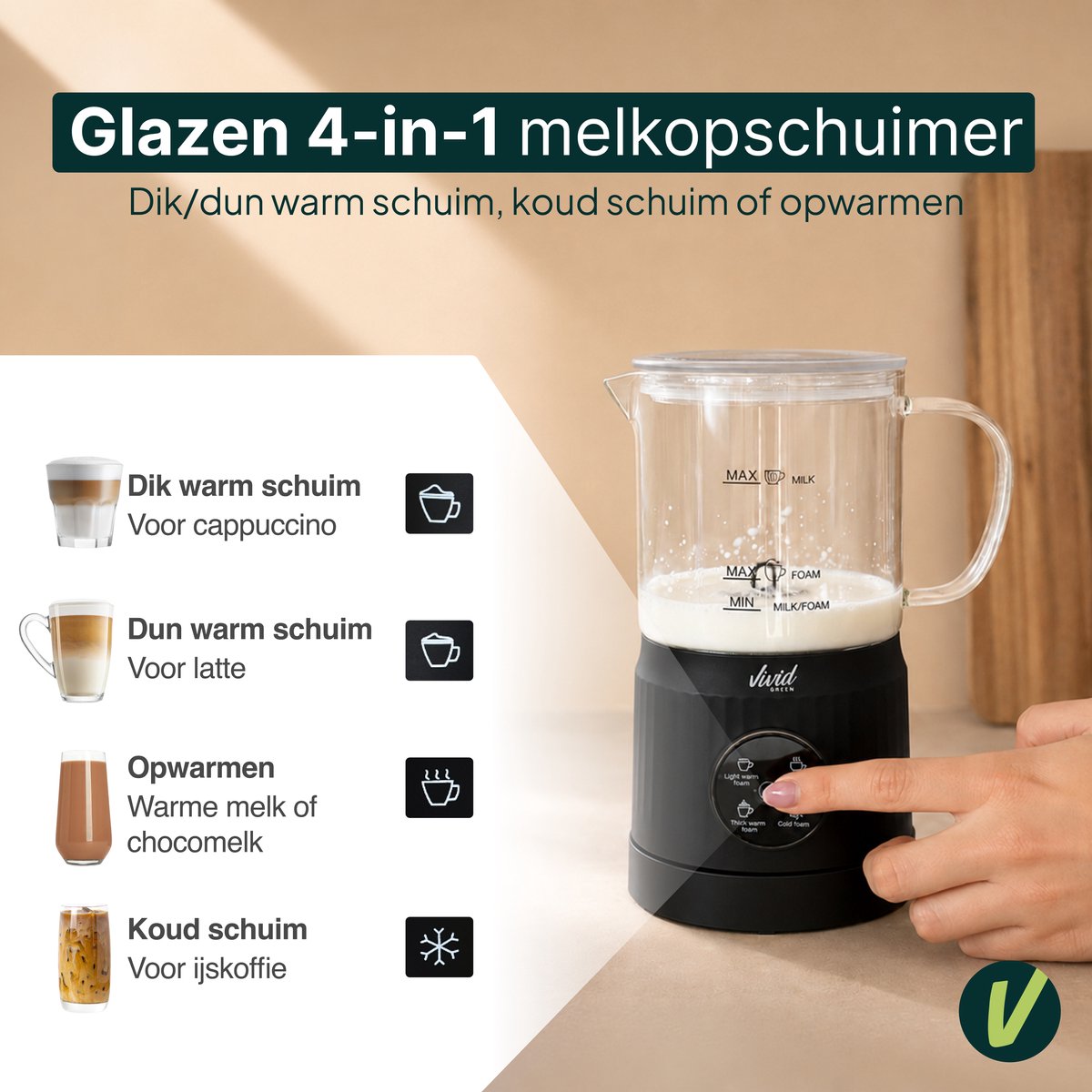 Vivid Green Glazen Melkopschuimer - 400ML