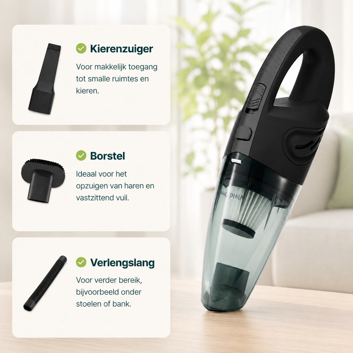 Vivid Green Kruimelzuiger Snoerloos 5 opzetstukken - Zwart