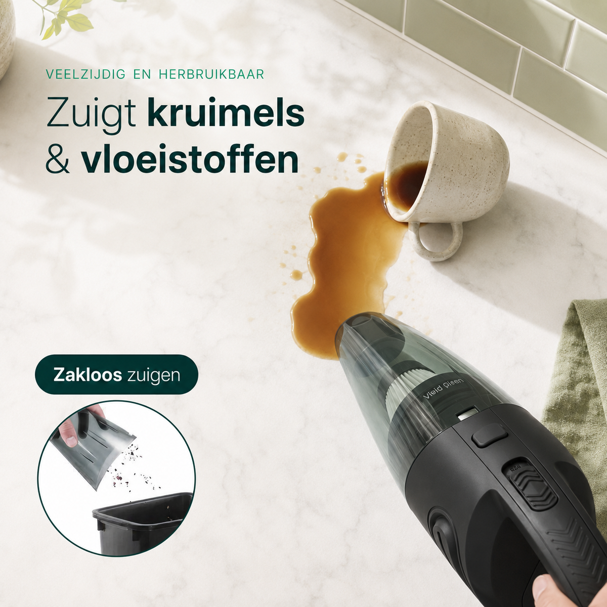 Vivid Green Kruimelzuiger Snoerloos 5 opzetstukken - Zwart