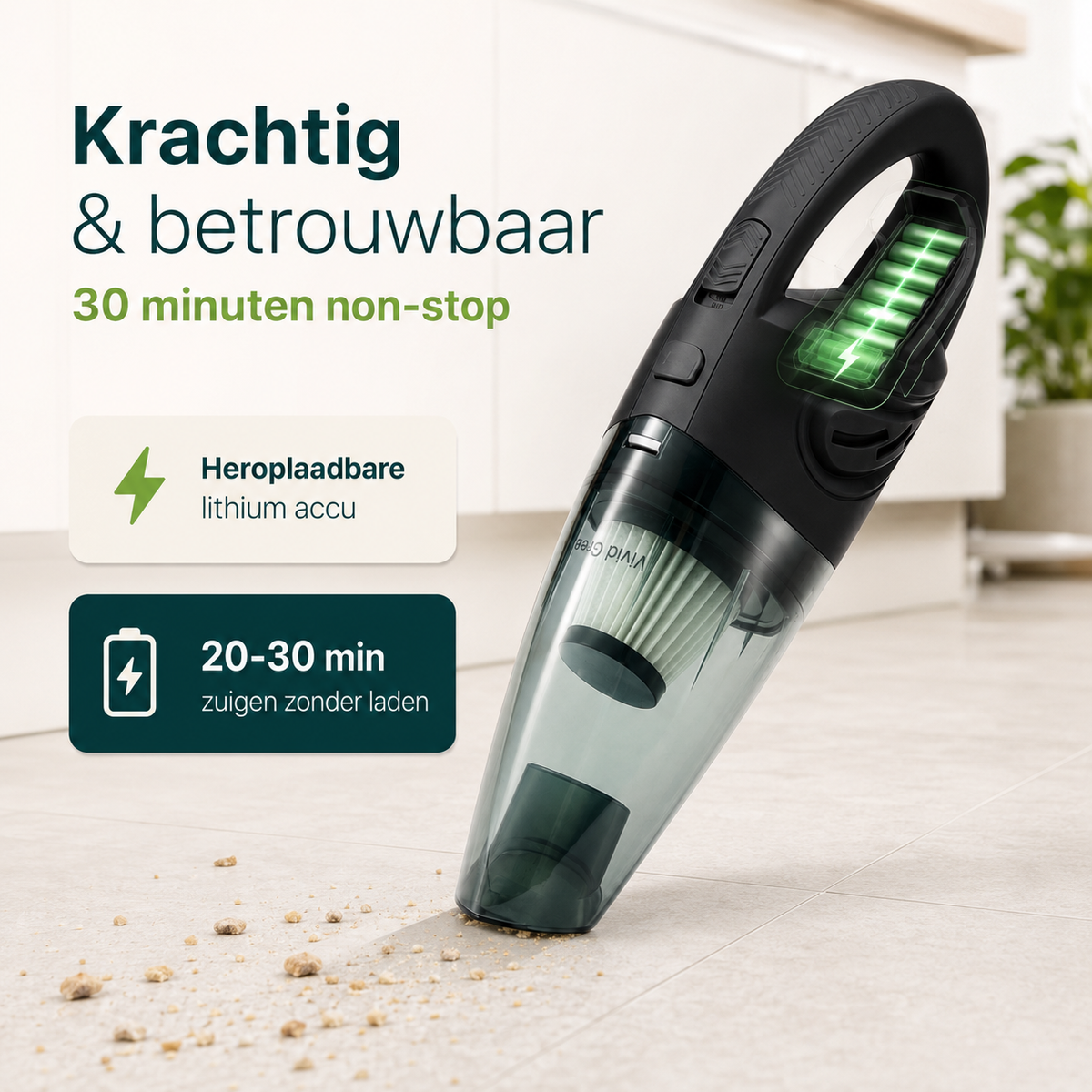Vivid Green Kruimelzuiger Snoerloos 5 opzetstukken - Zwart