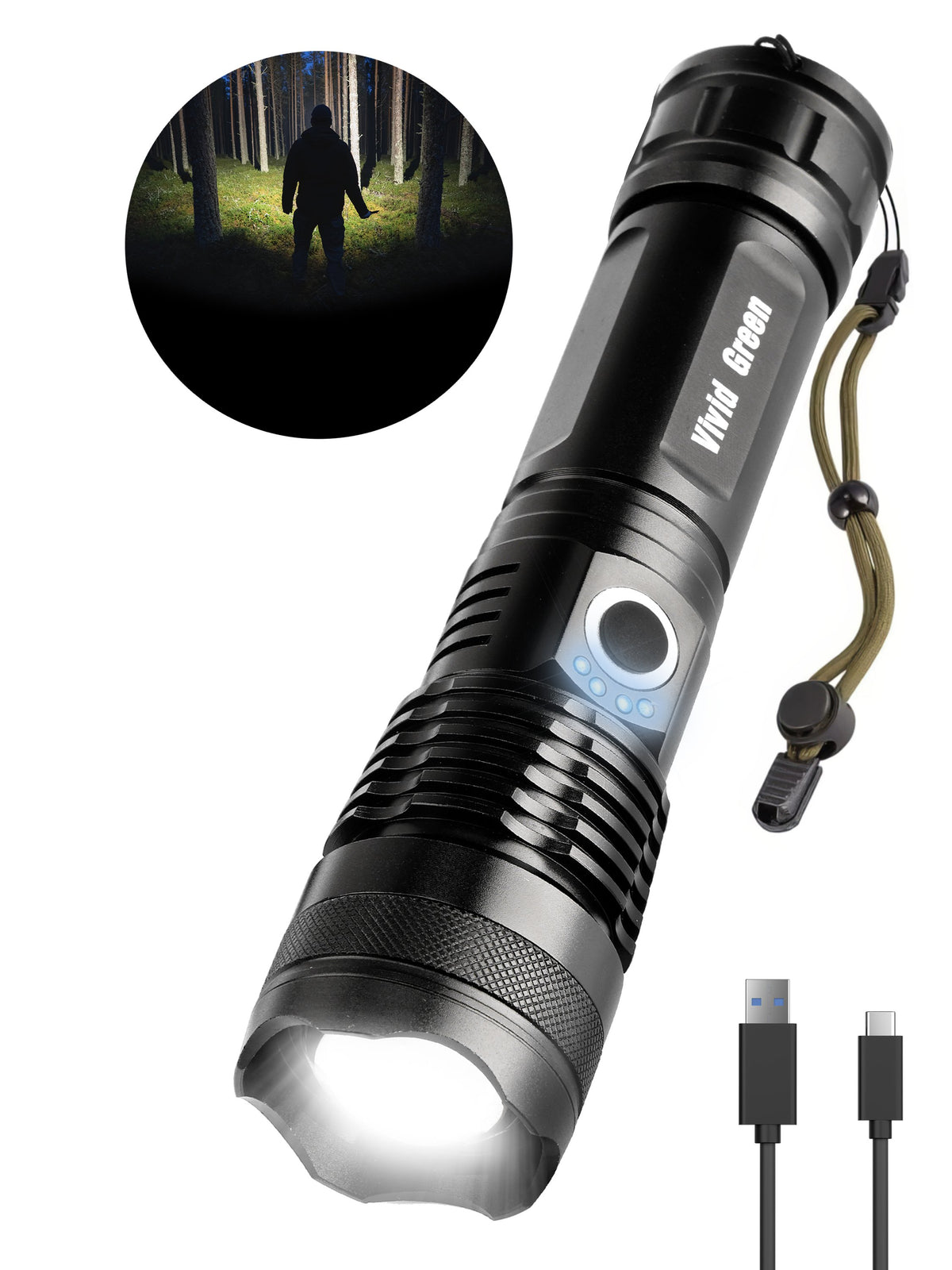 Vivid Green Zaklamp 5000mAh Oplaadbaar - 2500 Lumen - Zwart