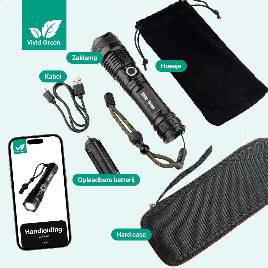 Vivid Green Zaklamp 5000mAh Oplaadbaar - 2500 Lumen - Zwart
