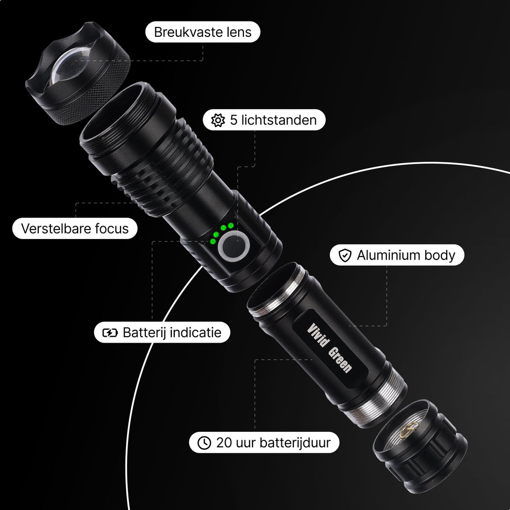 Vivid Green Zaklamp 5000mAh Oplaadbaar - 2500 Lumen - Zwart