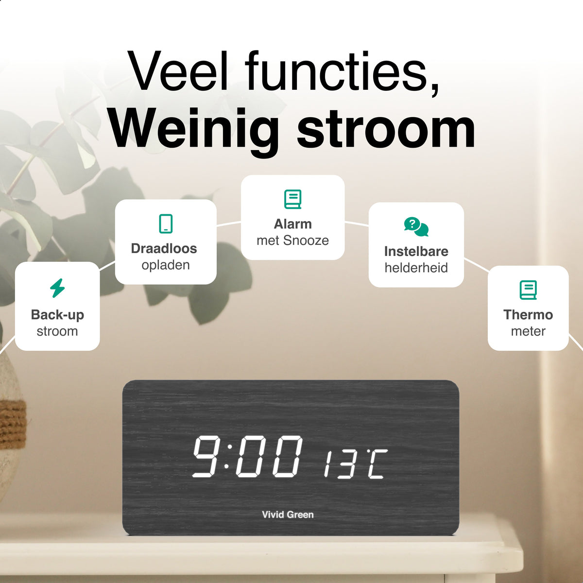 Vivid Green Houten Digitale Wekker met Draadloos Opladen