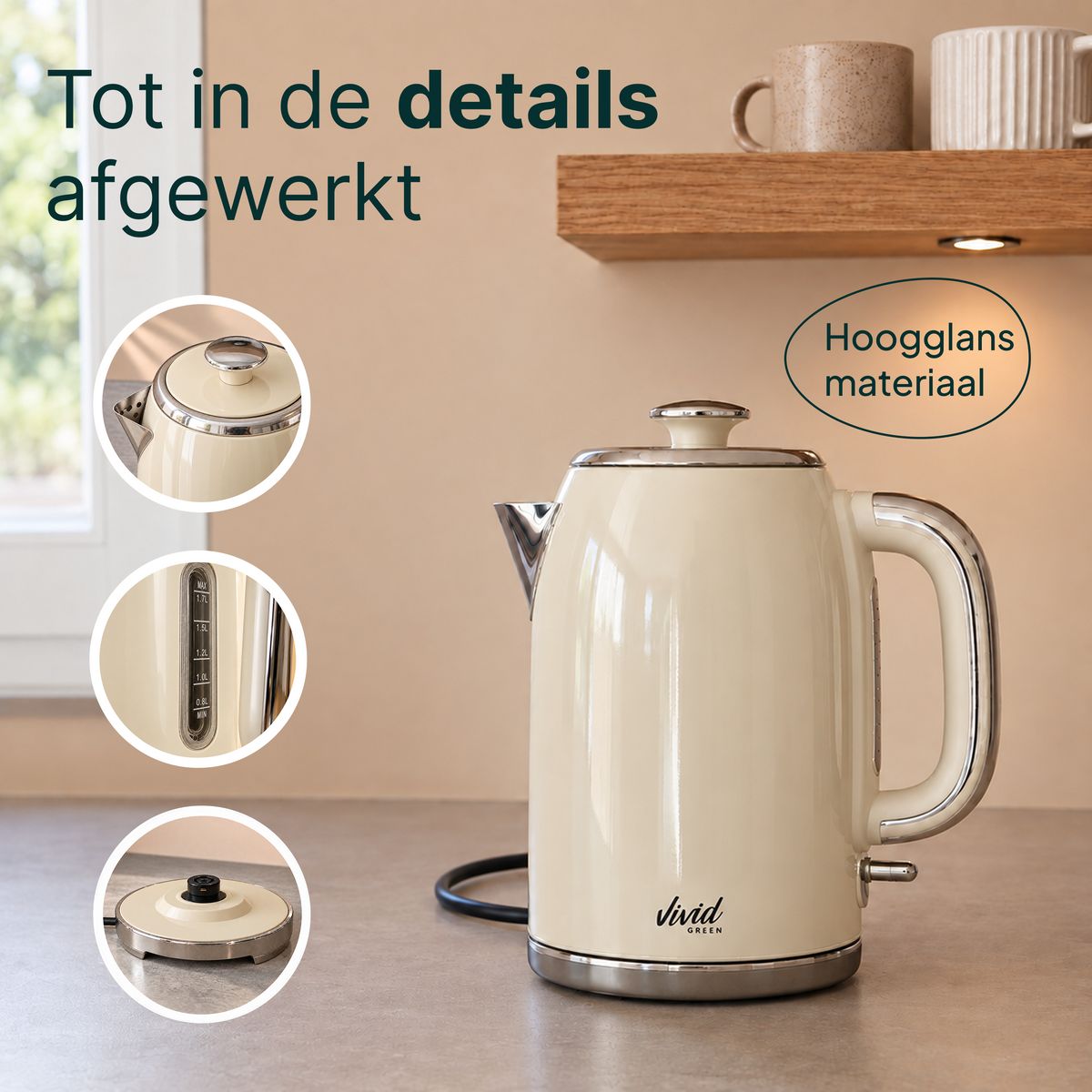 Vivid Green Luxe Waterkoker Retro Design - Creme