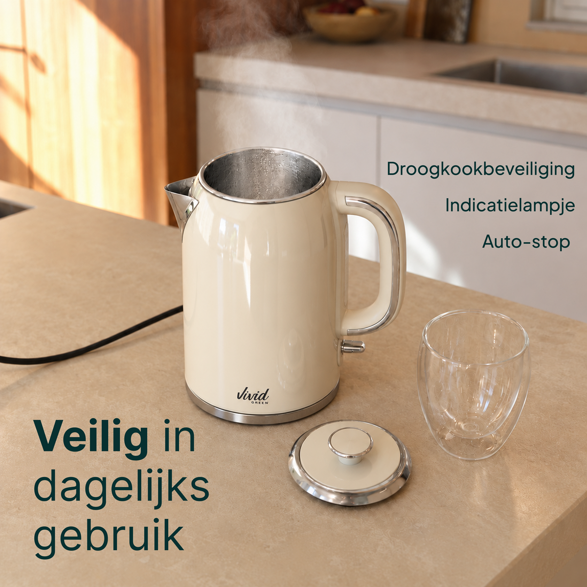 Vivid Green Luxe Waterkoker Retro Design - Creme