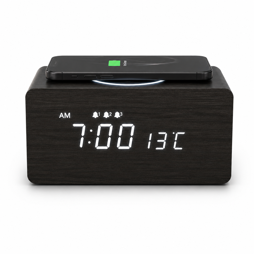 Vivid Green Houten Digitale Wekker met Draadloos Opladen